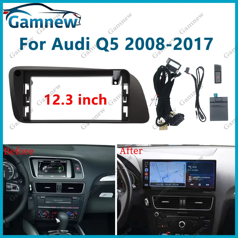 Kit de montage de tableau de bord pour autoradio Android avec adaptateur de façade de voiture 12,3 pouces, boîtier Canbus et décodeur pour Audi Q5 2008-2017