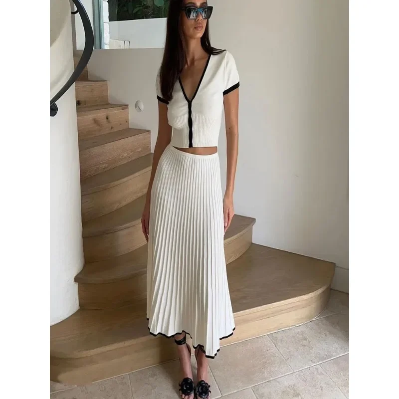 White Long Skirt Suit for Women, Short Sleeve, V-neck Crop Top, Pleated Set, Elegant Dress, Plus Size, S-3XL, Summer, 2024