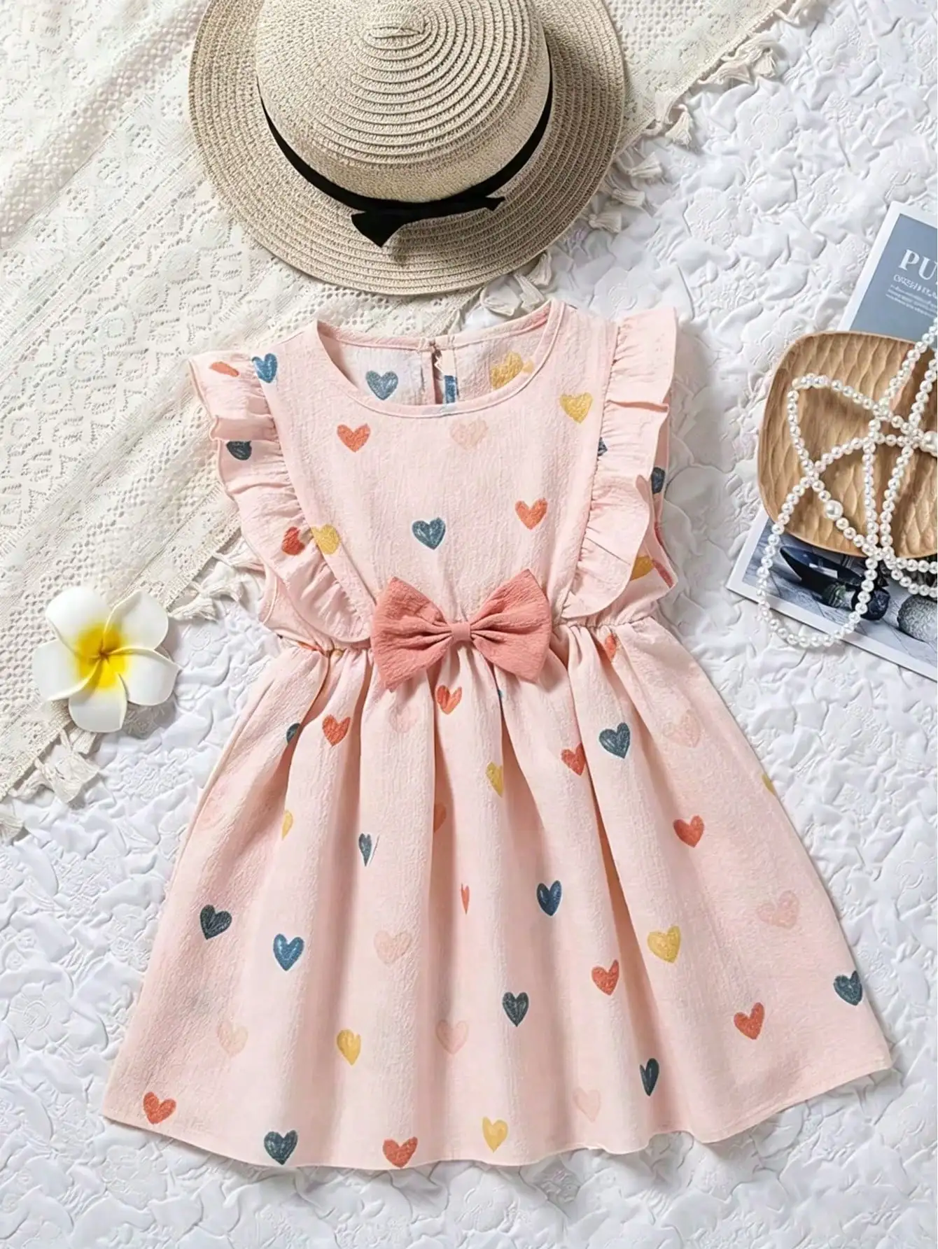 Girls Ruffled round Neck Sleeveless Heart-Print Top with Butterfly Bow Loose Dress Long Skirt Children's Outfit