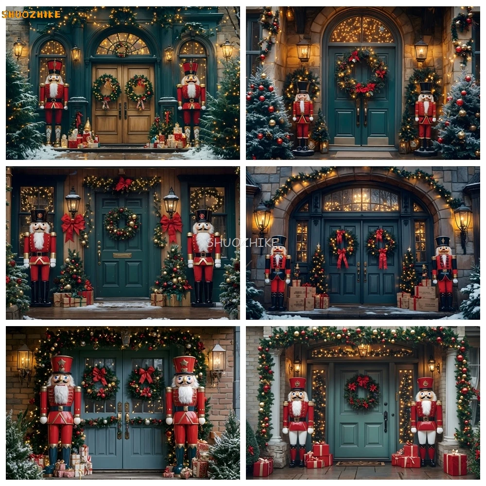 

Christmas Backdrop Xmas Toy Store Winter Wooden Door Nutcracker Wreath Gift Family Holiday Party Photography Background Decor