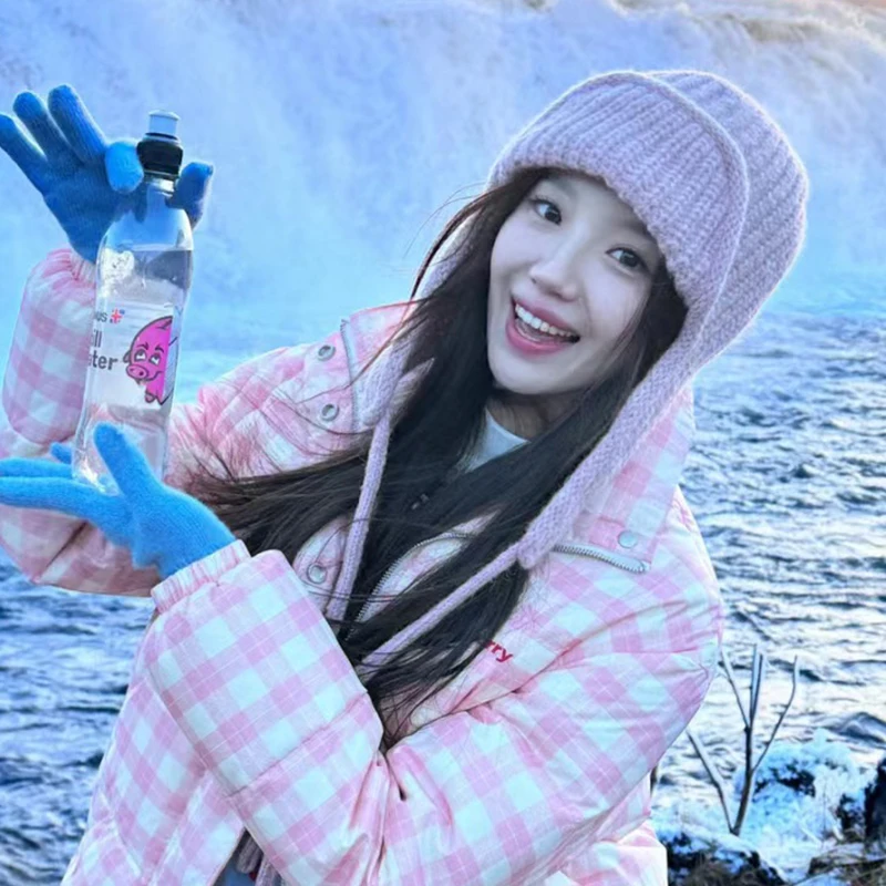 여성을 위한 얼굴을 돋보이게 하는 핑크 트래퍼 모자 - 귀덮개가 있는 일본풍 귀여운 니트 비니, 겨울용 따뜻한 작은 얼굴 모자