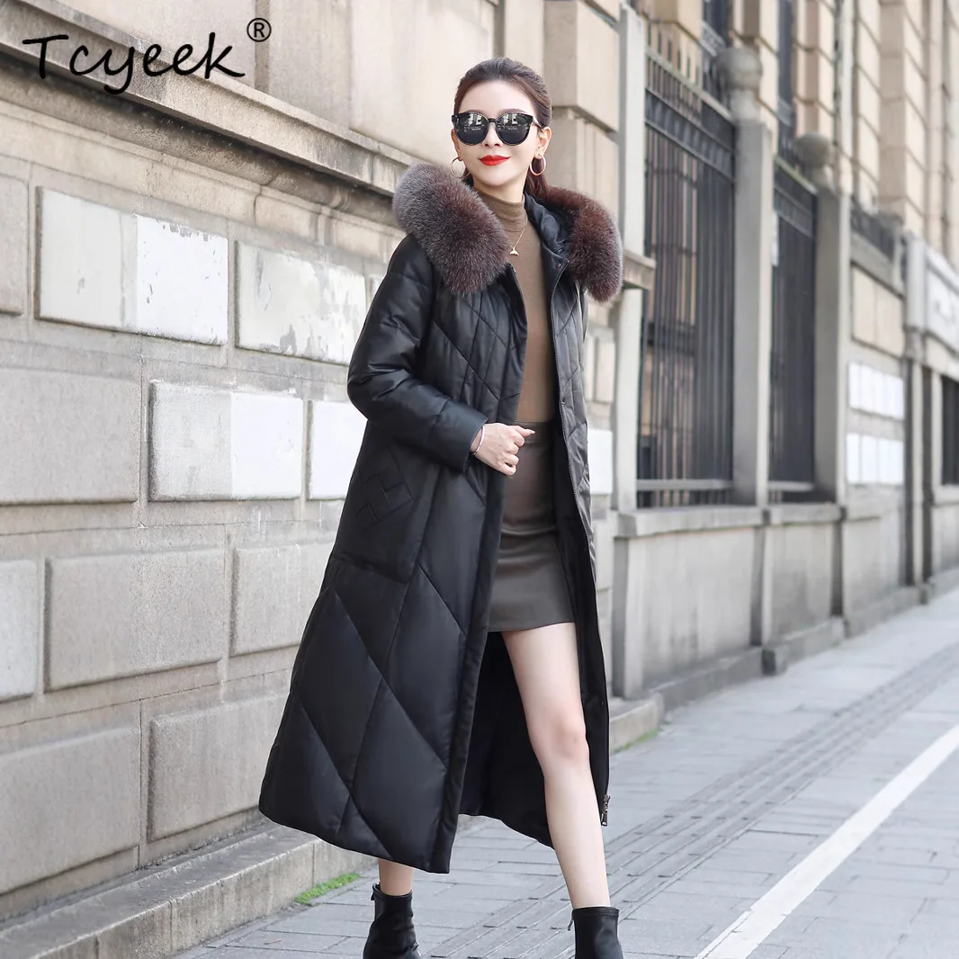 Tcyeek 리얼 양가죽 화이트 덕다운 가을 겨울 고급 후드 롱 여성용 천연 가죽 재킷