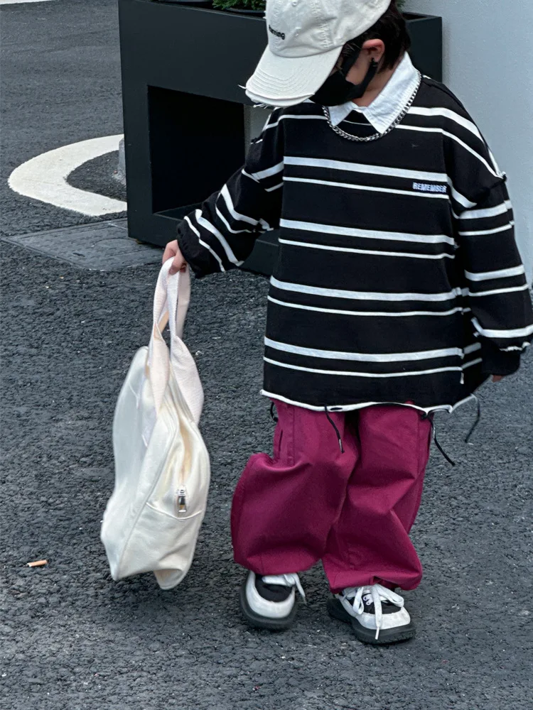 

Children's Long-sleeved T-shirt Korean Children's Clothing for Boys Spring and Autumn New Baby Clothes Striped and Torn Tops