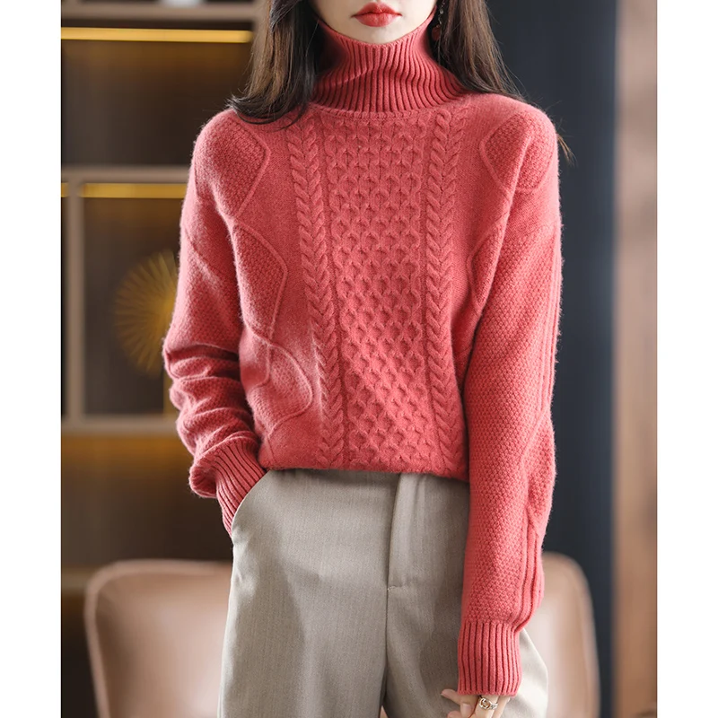 2023 Autumn And Winter Pure Woolen Sweater Long Sleeved Women\'s Loose Fashion High Neck Twisted Flower Knitted Bottom Shirt