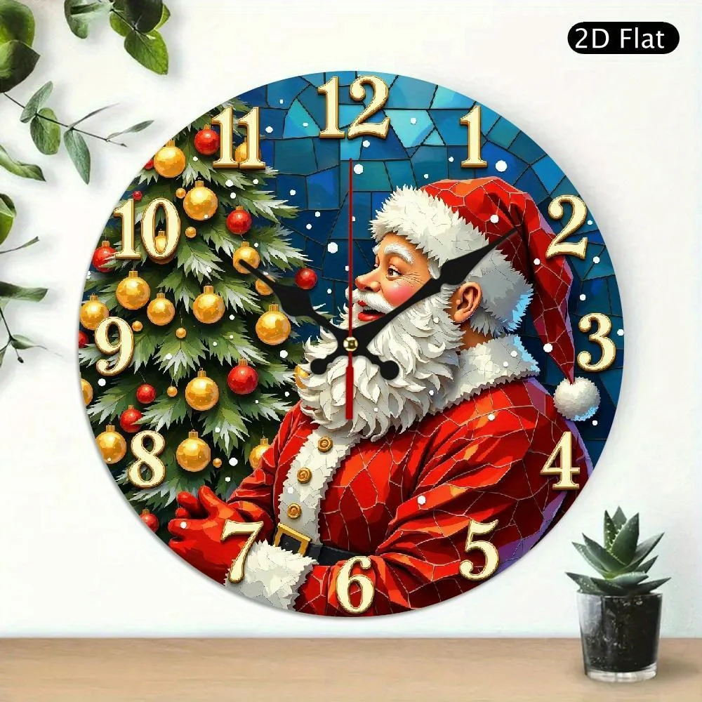 1 x Weihnachts-Wanduhr – geräuschloses Quarzwerk, nicht tickend, modernes Weihnachtsmann-Design mit goldenen Zeigern