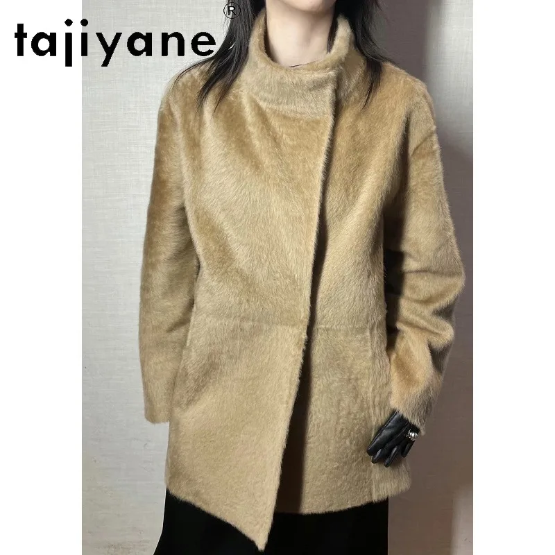 TAJIYANE Luxury Lacon Lamb Fur Shearling Jacket  Mid Length Outerwear Stand Collar Fourrure Overcoat Real Fur Coat Women Шуба
