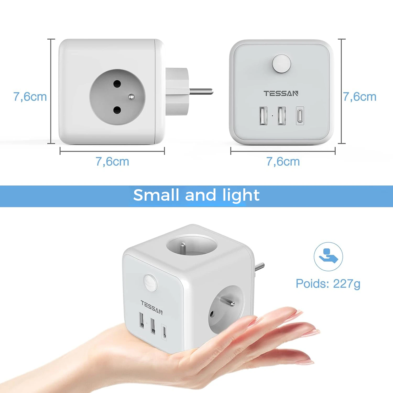 TESSAN FR Tomada de parede Cube Power Strip com 3 tomadas francesas e 3 portas de carregamento USB 6 em 1 Multi Tomadas Adaptador de tomada de alimentação