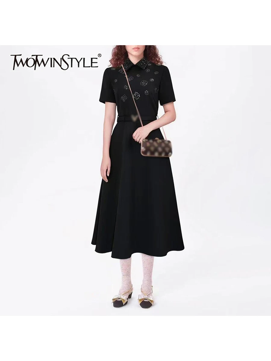 TWOTWINSTYLE Solid Spliced Bead Casual Dresses for Women Lapel Short Sleeves Tunic Temperament Dress Female Fashion Clothing New