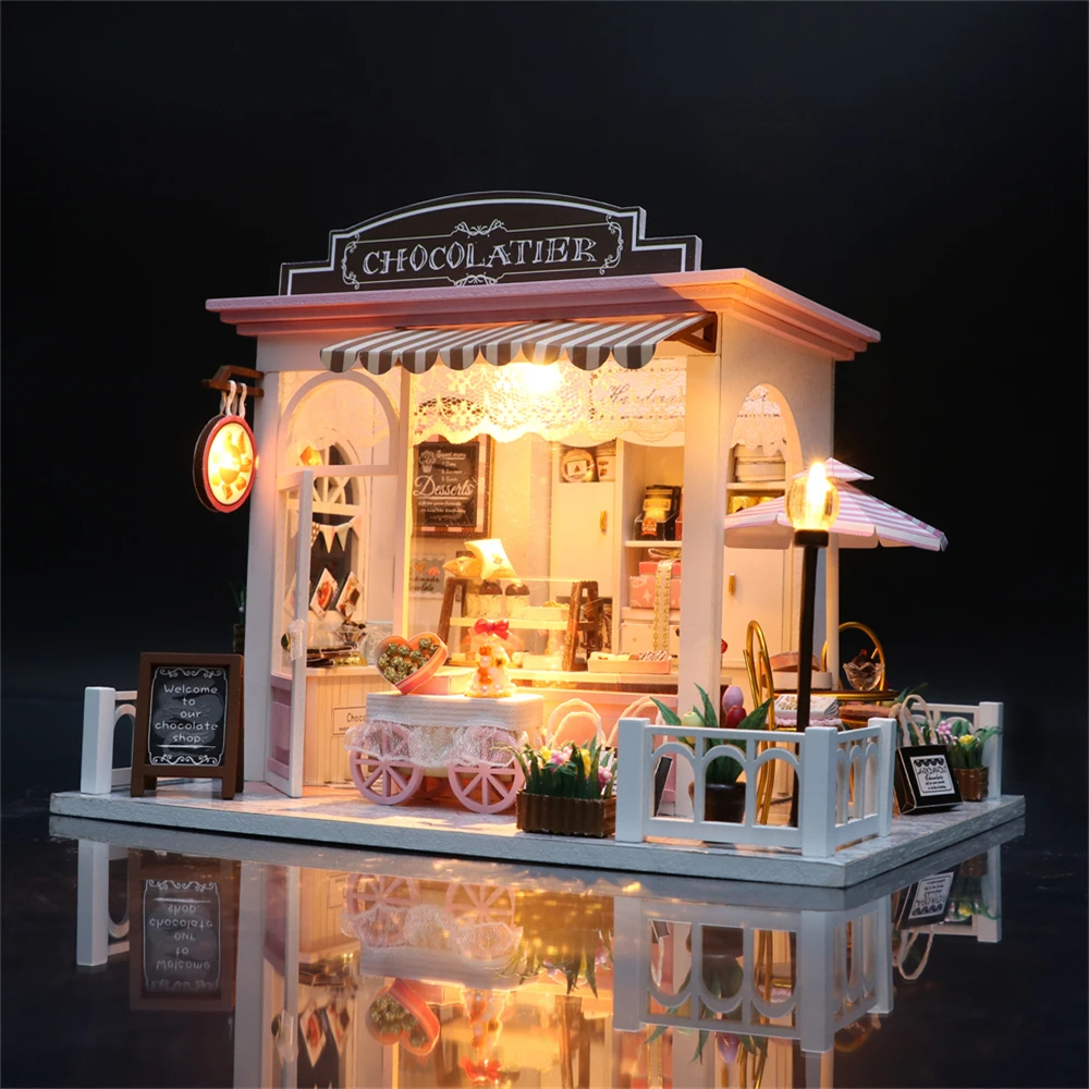 Imagem -02 - Kits em Miniatura de Loja de Chocolate de Madeira com Móveis e Luzes Led Modern Faça Você Mesmo Dollhouses Home Desk Decoration Handmade Gifts For Adults