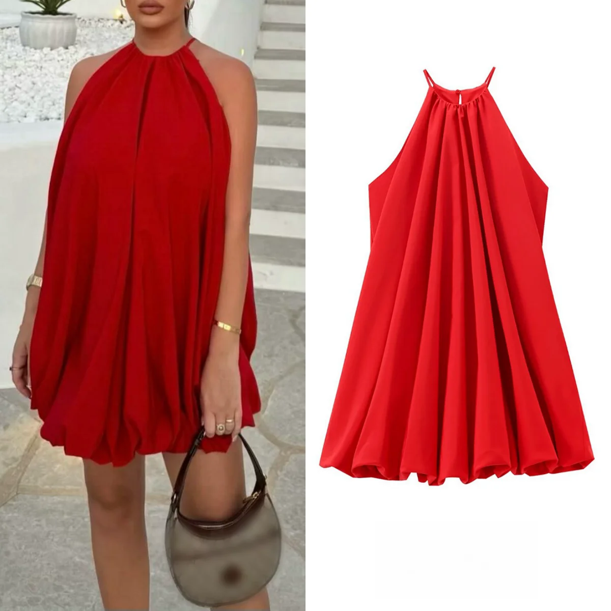 

TRAF Women's Mini Balloon Suspender Dress Luxury Red Ruffle Sleeveless Dress Elegant Party Dress Women's 2024 Summer New Fashion