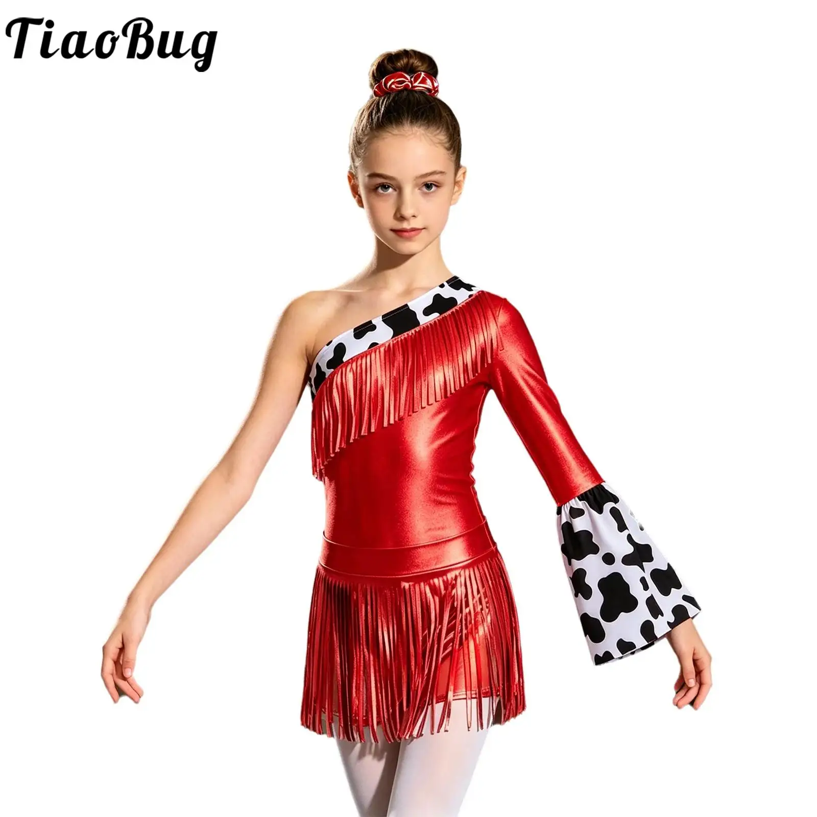 Kids Girls Metallic Shiny Hip Hop Jazz Dance Outfits Long Flare Sleeve Bodysuit with Fringed Shorts 70s Disco Cowgirl Costume