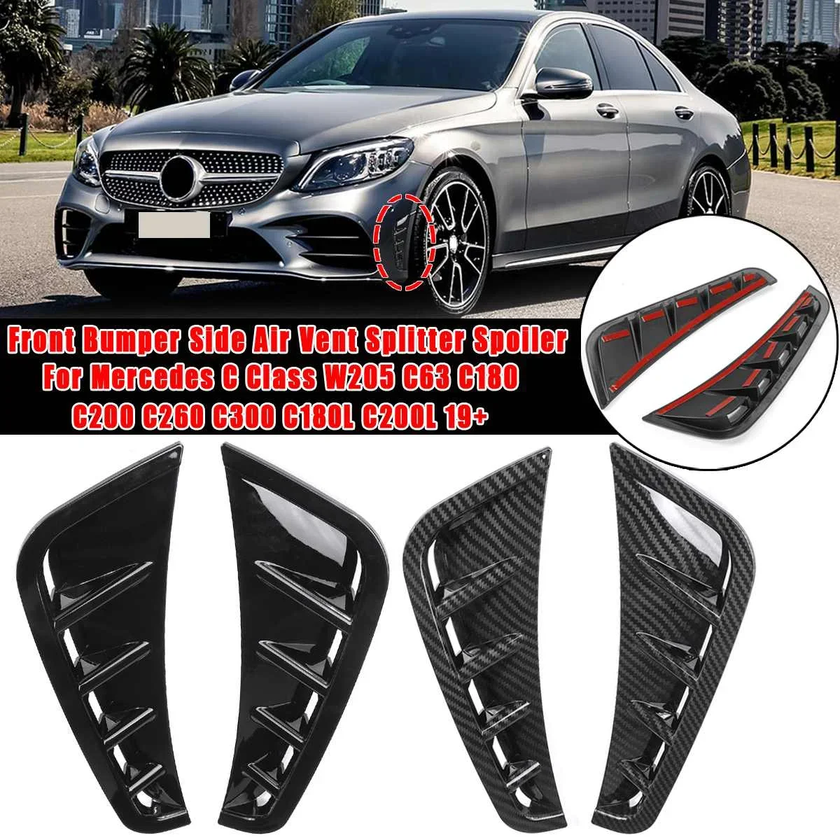 Pair Canard Spoiler Splitter Front bumper side trim cover For Mercedes C Class W205 C63 C180 C200 C260 C300 C180L C200L 2019+