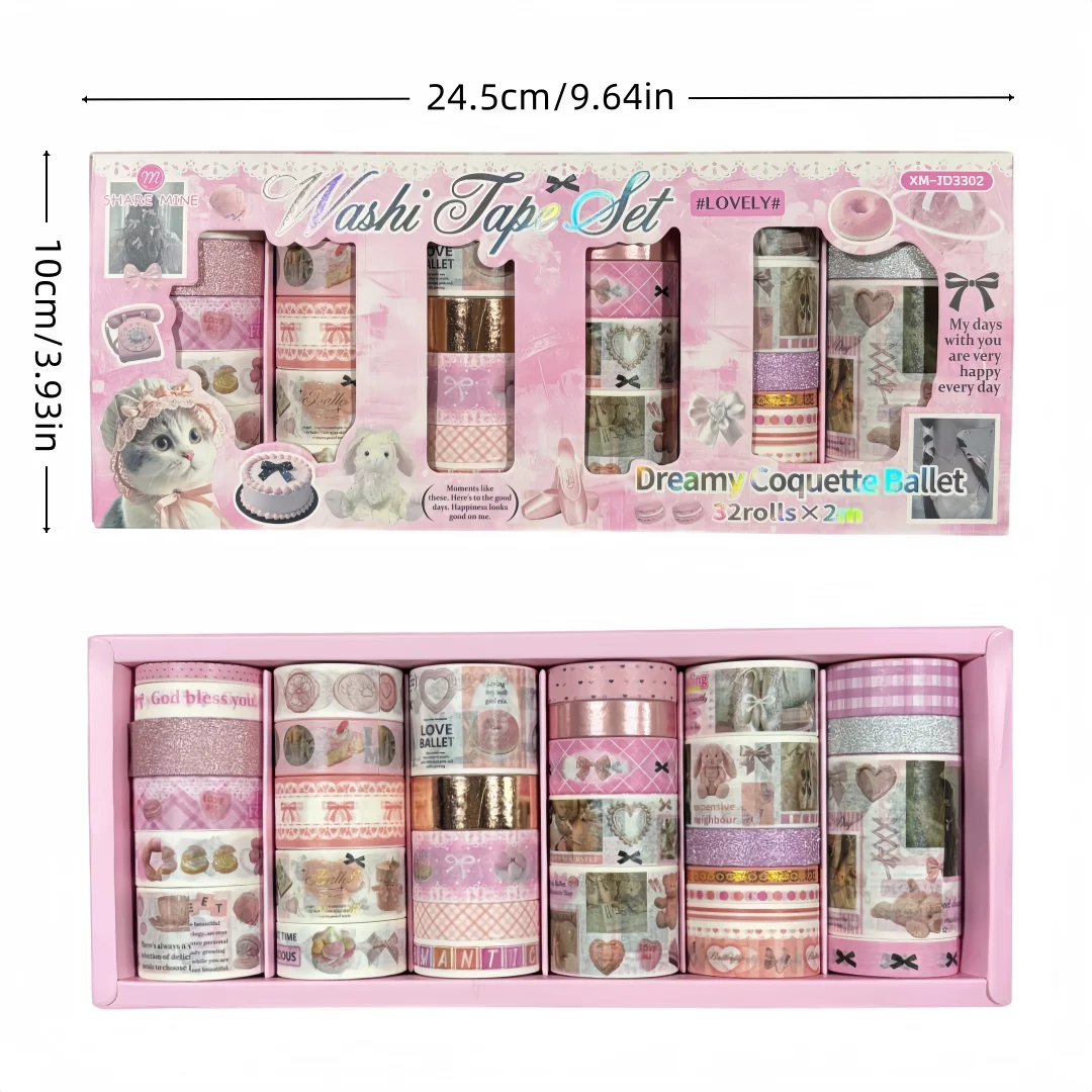 Dreamy Coquette Ballet Washi Tape Set, Multi Size Pink Series Decorative Masking Tape, 32 Rolls Per Box, 2m Per Roll