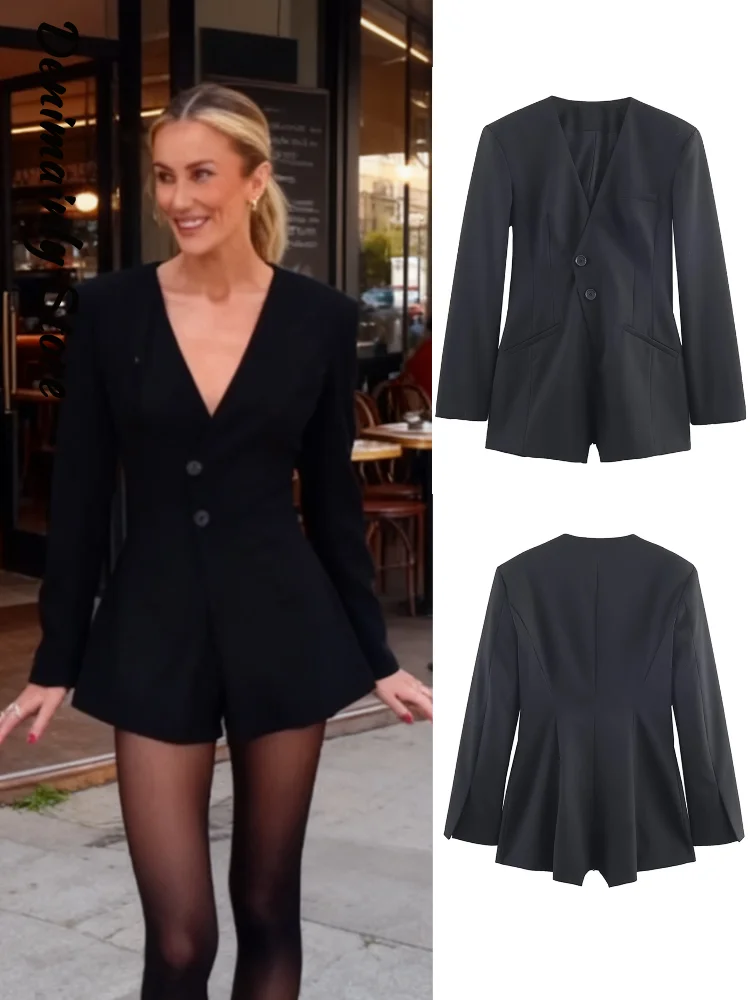 

Fashion Black Jumpsuit Shorts Suit Women V-neck Full Sleeve Double Buttons Slim Pocket Suit 2026 Spring Lady Chic Outfit New