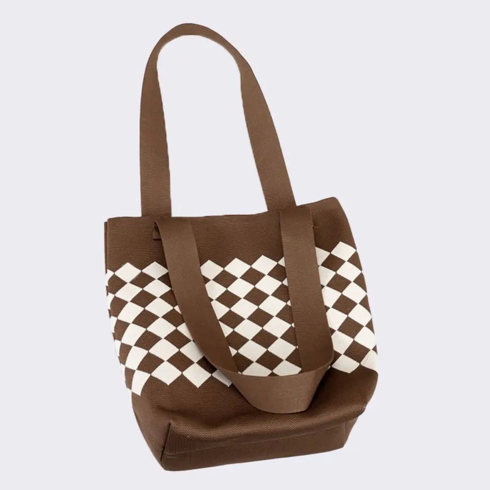 Borsa a tracolla lavorata a maglia a rombo Borsa tote scozzese di grande capacità all'uncinetto Maniglia comoda Borsa sotto le ascelle in tessuto casual Shopping
