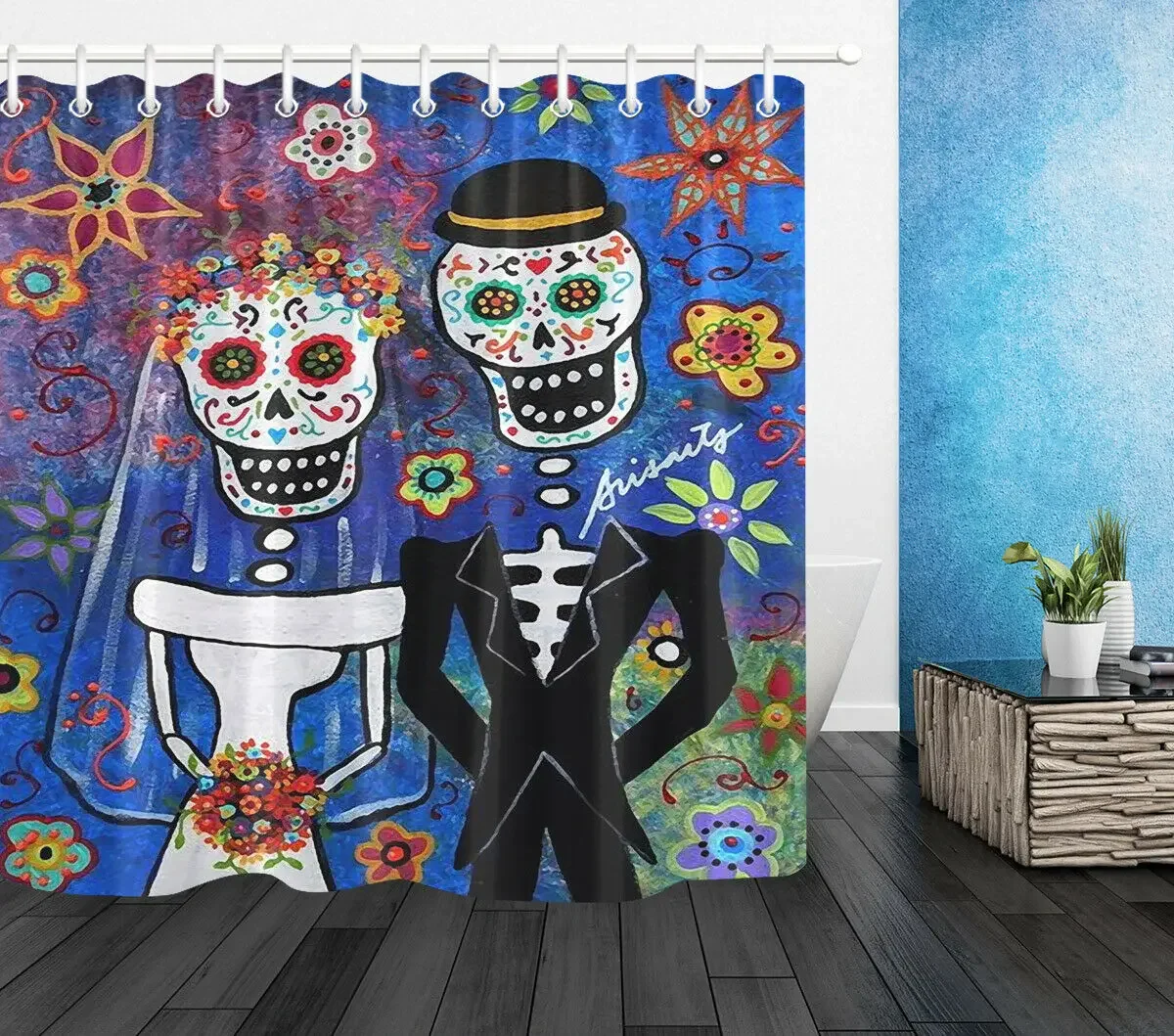 Colored Skull Wedding Flowers Bathroom Fabric Halloween Shower Curtain Set