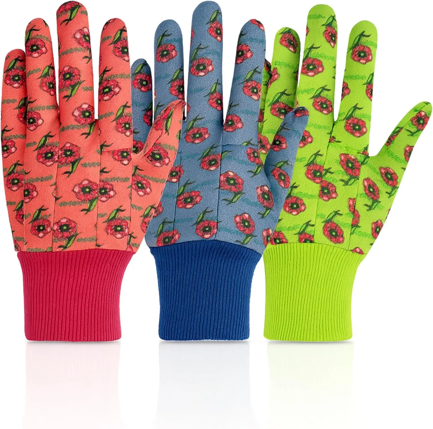 

Kids Garden Gloves, Soft Cotton Work Gloves with Knit Wrist, Assorted Colors Red/Green/Blue