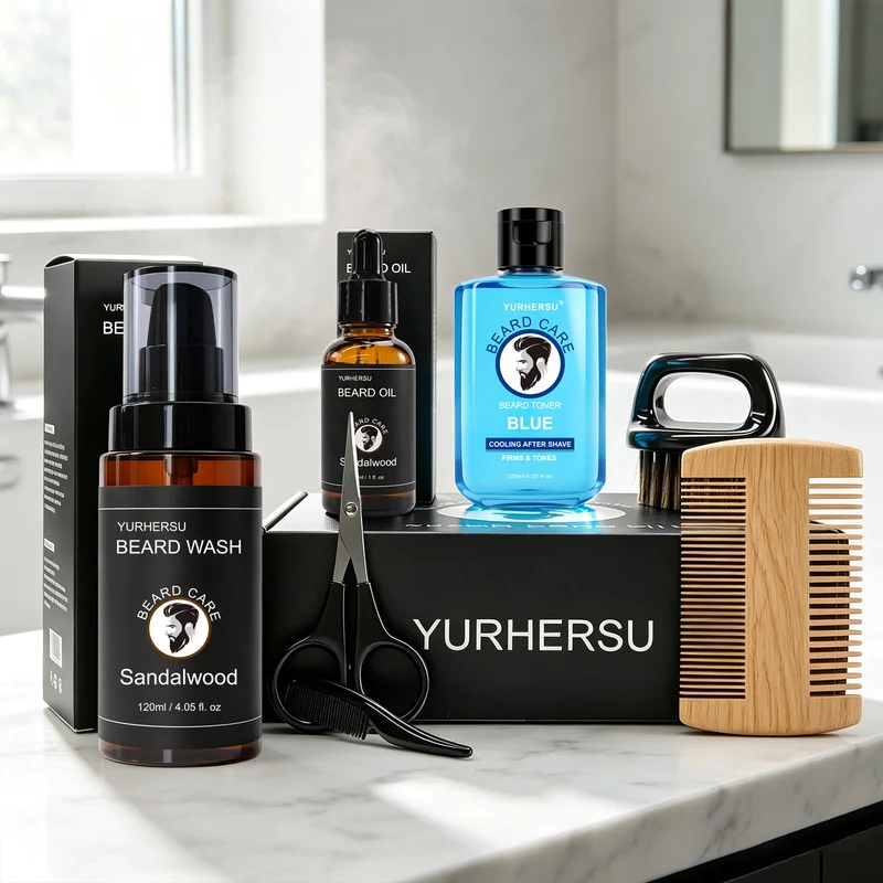 Beard Care Kit – Beard Wash, Beard Oil, After Shave Toner, Scissors, Brush and Comb, Daily Beard Grooming Set