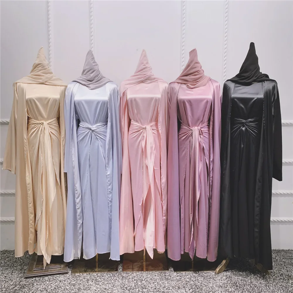 Eid Ramadan Satin Dubai Muslim 3 Piece Matching Set Long Sleeve Dress+Wrap Skirt+Kimono+Hijab Abaya Islamic Women Clothing Robe