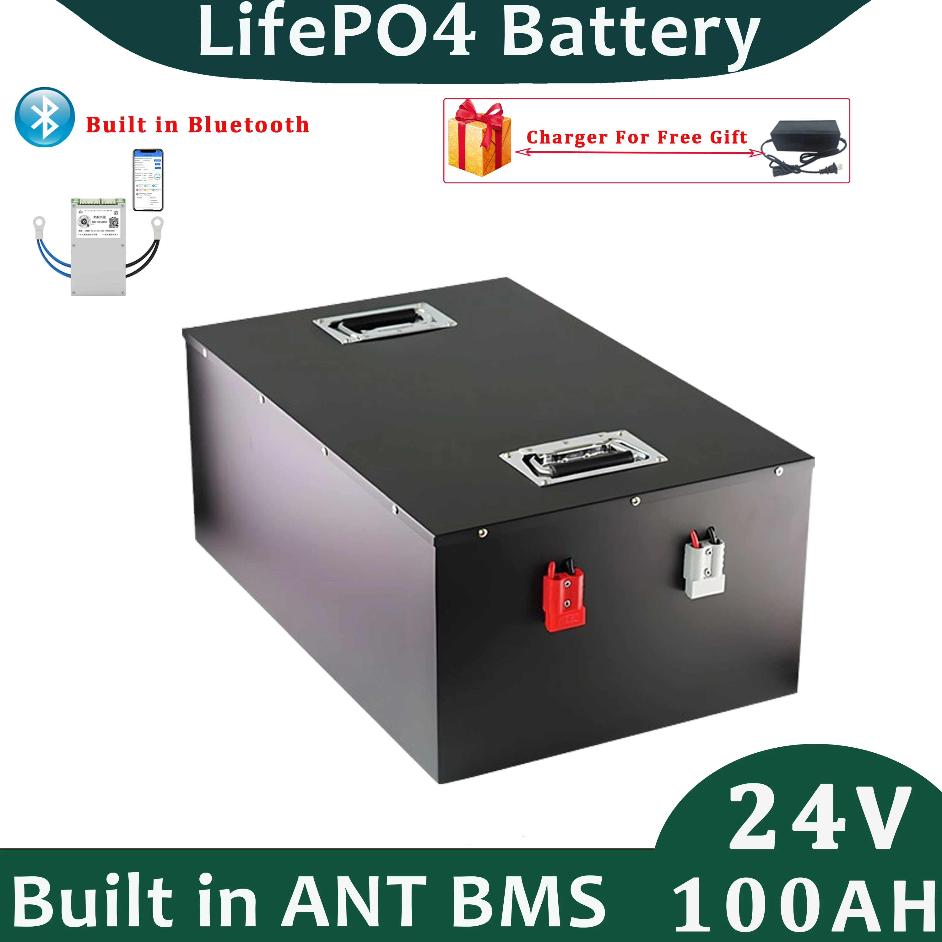 

24v 100ah LifePO4 Battery Pack Built In ANT BMS For Solar Energy Storage with 10A Free Charger
