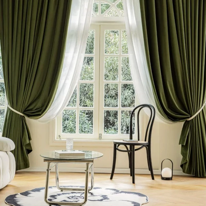 Retro Olive Green Blackout Curtains Living Room Bedroom Luxury Thickened Solid Curtain Household Decorative Drapes Customized