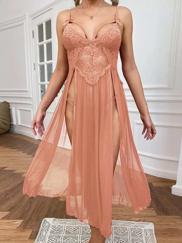 ชุดนอนผ่าข้างผ้าลูกไม้คอวีตาข่ายเซ็กซี่ขนาดใหญ่สำหรับผู้หญิงชุดนอนแฟชั่นหรูหราเสื้อผ้ากุลสตรีเซ็กซี่เกาหลีเสื้อ S7XO ชุดมินิเดรส