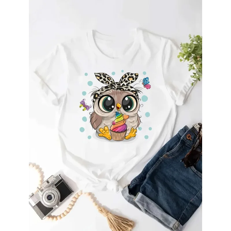 Print Women T Shirt Girl New Casual Funny Cartoon Owl T Shirt Lady Top Tee Summer Cool Refreshing Woman T-shirt Print Tee Shirts