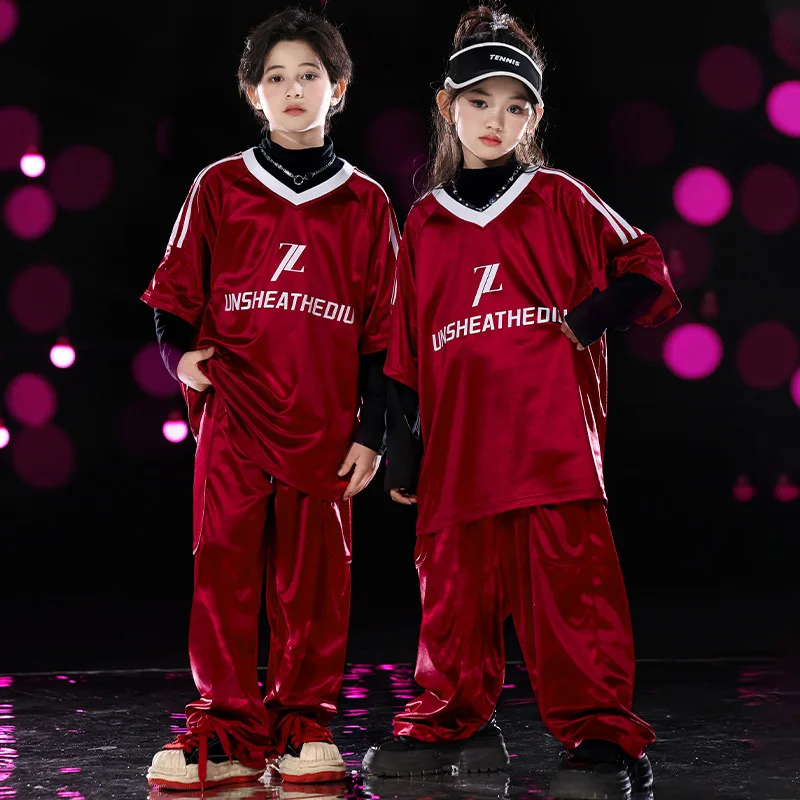 

Boys Hip Hop Runway Show Jazz Dance Performance Costume Red T-Shirt Tops Cargo Pants Kids Streetwear Costume Jazz Dance Clothes