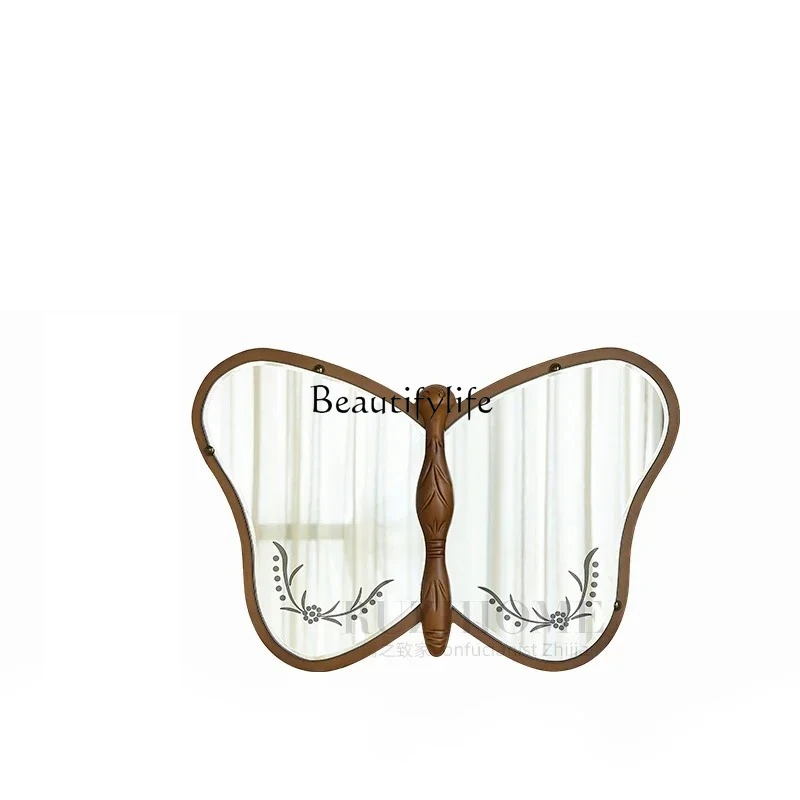 

Medieval solid wood butterfly mirror art wooden hand-carved retro hanging special-shaped mirror