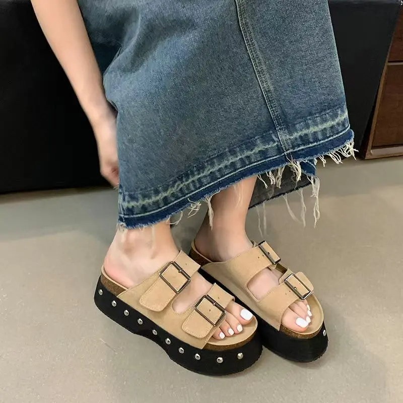 

Women's Suede Mules Slippers Platform Flats Boston Clogs Sandals Fashion Outdoor Slip On Beach Sandalias