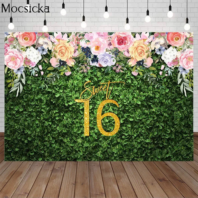 

Mocsicka Sweet 16 Theme Backdrop Girl Sixteen Birthday Party Green Grass Flowers Decoration Photoshoot Background Banner Photo