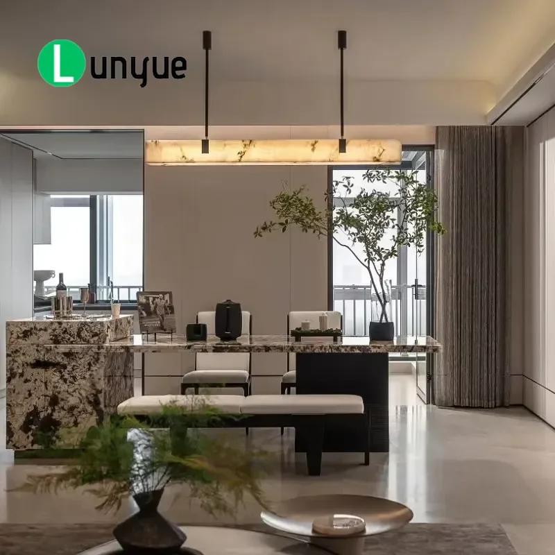Modern Linear Chandelier Spanish Natural Marble Ceiling Lamp Single Strip Pendant Light for Restaurant Home Dining Room Decor
