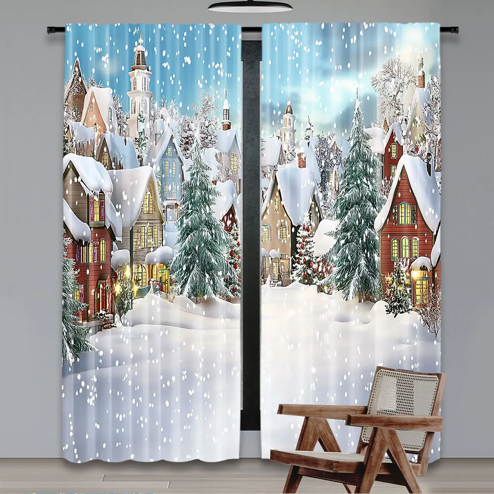 2Pcs Christmas Curtain Village Under Snow Winter Holiday Season Pine Forest Suitable For Bedroom Living Room