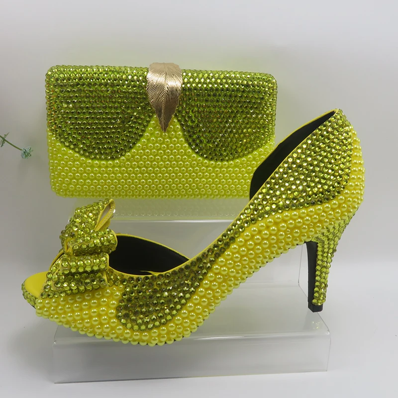 2022 New arrival Lemon Yellow Crystal Women wedding shoes and matching bags Peep toe High Pumps fashion Open Toe shoes and Purse