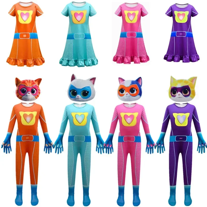 

Halloween Anime Super Cat Cosplay Costumes for kids Jumpsuits Boys Girls SuperKitties Fancy Carnival Birthday Party Clothes mask