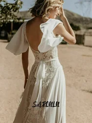Lace Crepe Wedding Dress With Flare Sleeves, Elegant V Neck Sheath Beach Bride Dresses, Bohemian Women Bridal Gown