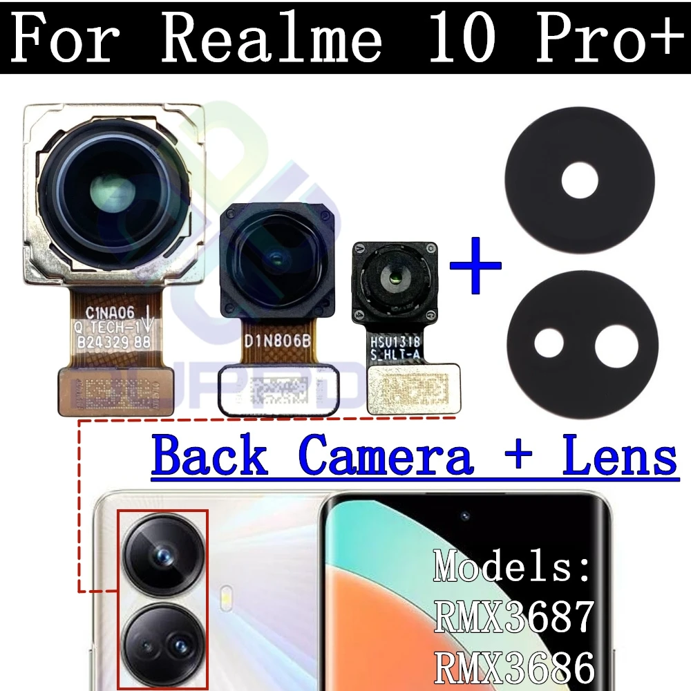 Original Back Camera Lens Glass For Realme 10 Pro+ 10Pro+ Front Small View Frontal Facing Main Rear Camera Module Flex Parts