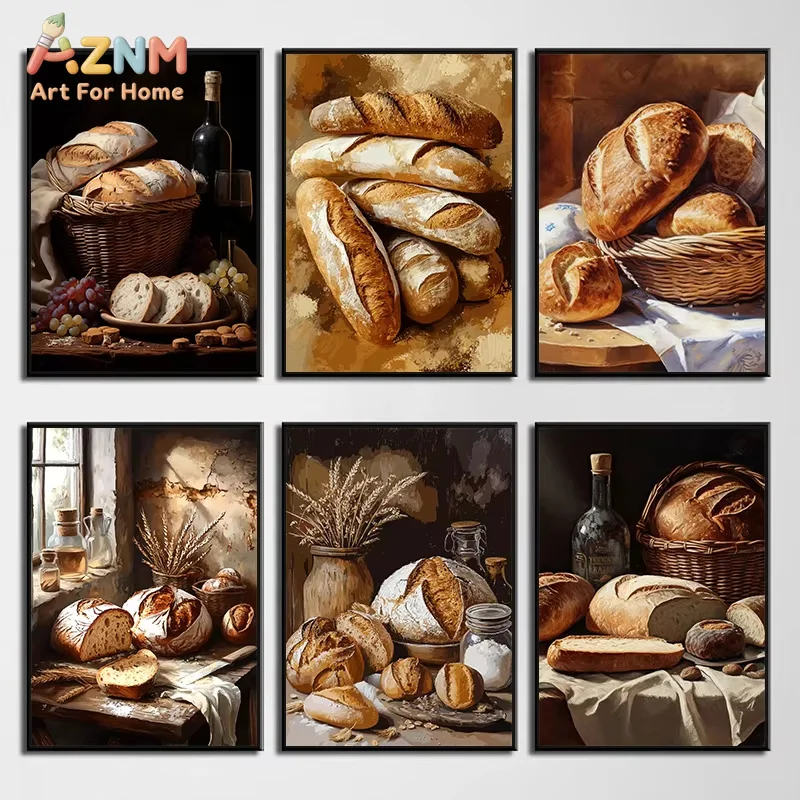 1PC Bread Still Life Vintage Poster Kitchen Food Loaves Baguettes Canvas Printing Rustic Retro Wall Art Picture Home Decor