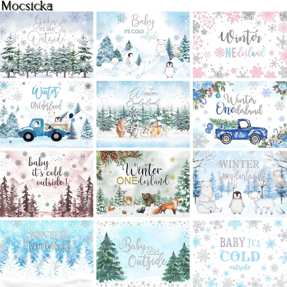

Winter Onederland Backdrops Baby It's Cold Outside Party Decoration Props Newborn Birthday Photo Background Snowflake Animals