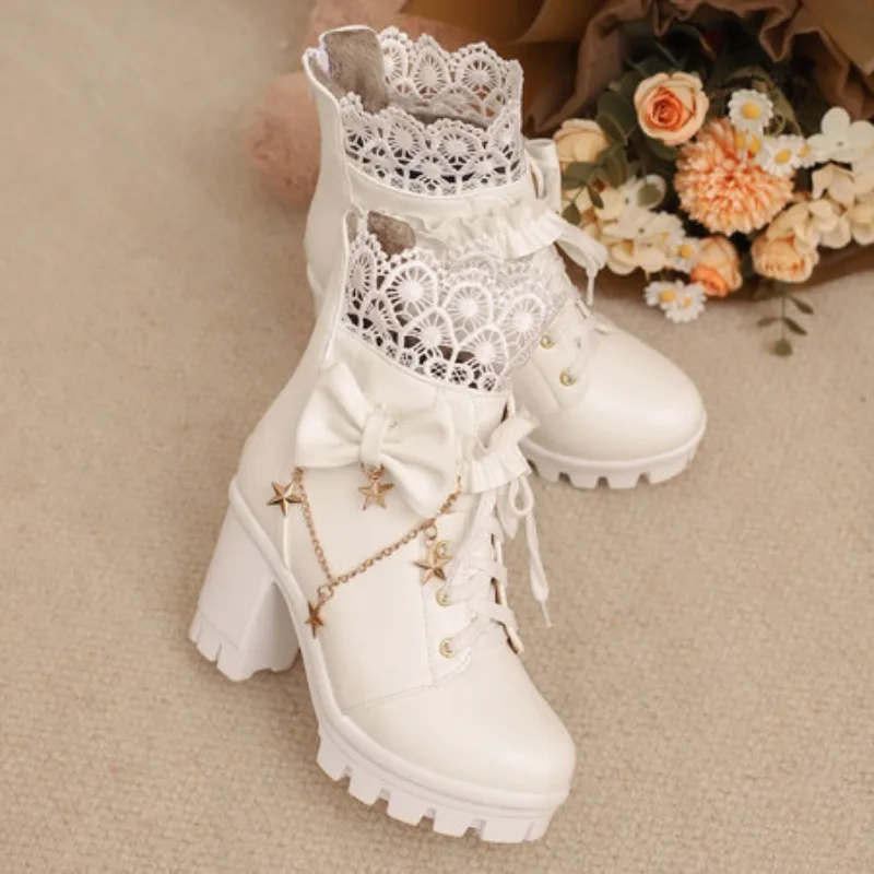 

Autumn and Winter New Style Fashion High Heels Women Boots Solid Color Round Head Sweet Butterfly-knot Square Heel Women's Boots