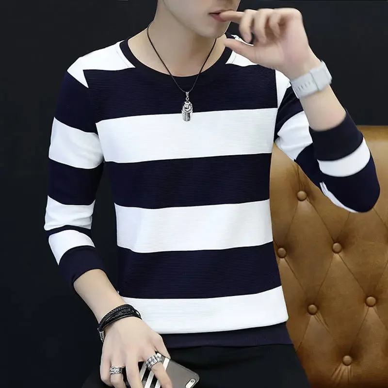 T Shirts for Men O Neck Stripe 100℅ Cotton Pullover Korean Autumn Tops Designer F High Quality Winter Emo Japan A Male Clothes