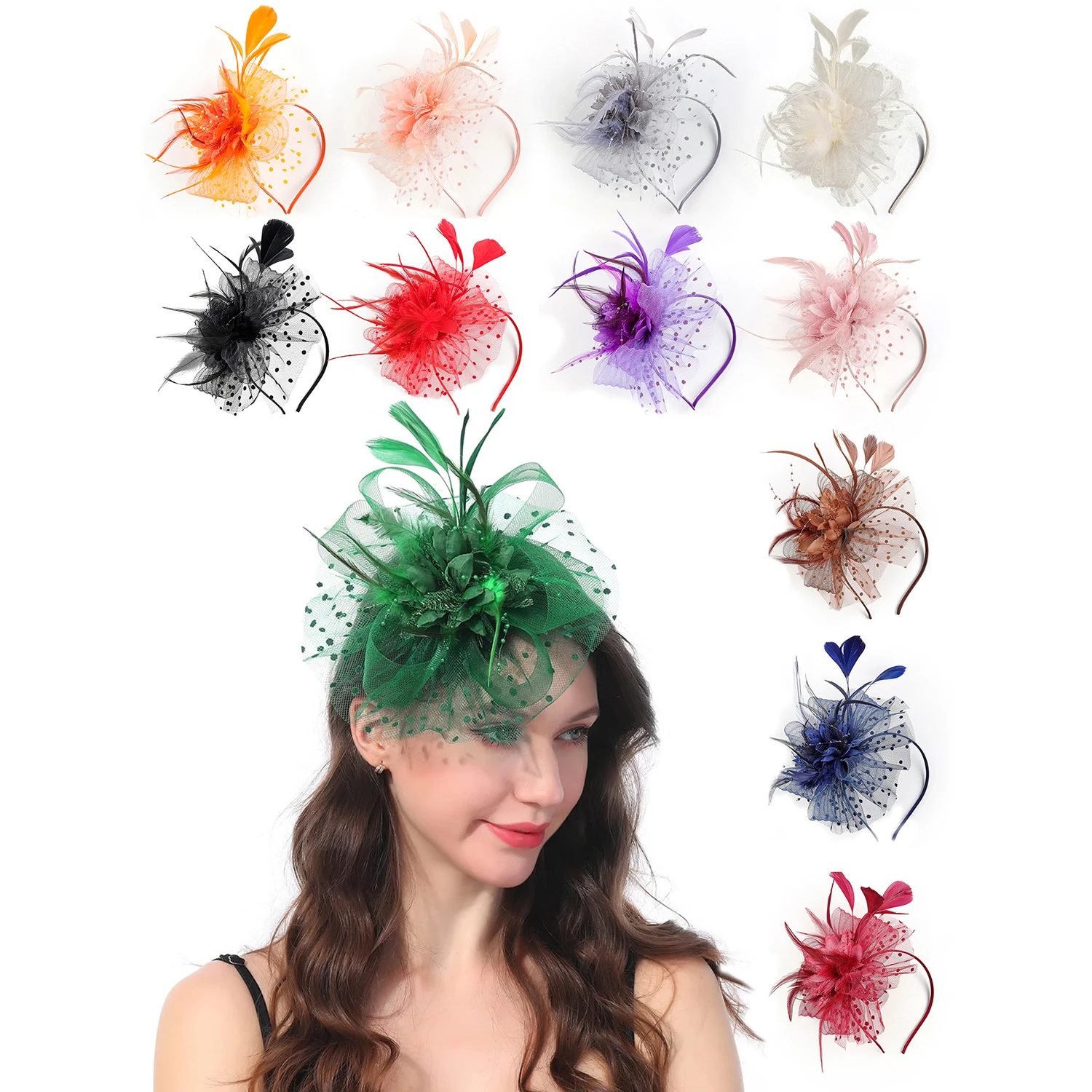 Premium Sweet Hair Accessories Elastic Mesh Fascinators Multicolour Feather Headdress Flower Headpieces Bride Headband With Clip