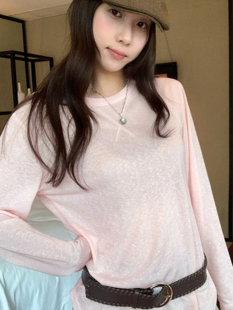 2026 Autumn New Casual See-through Top Lyocell Loose Sun Protection Long Sleeve Women T-shirt Korean Style Air Conditioning Tee