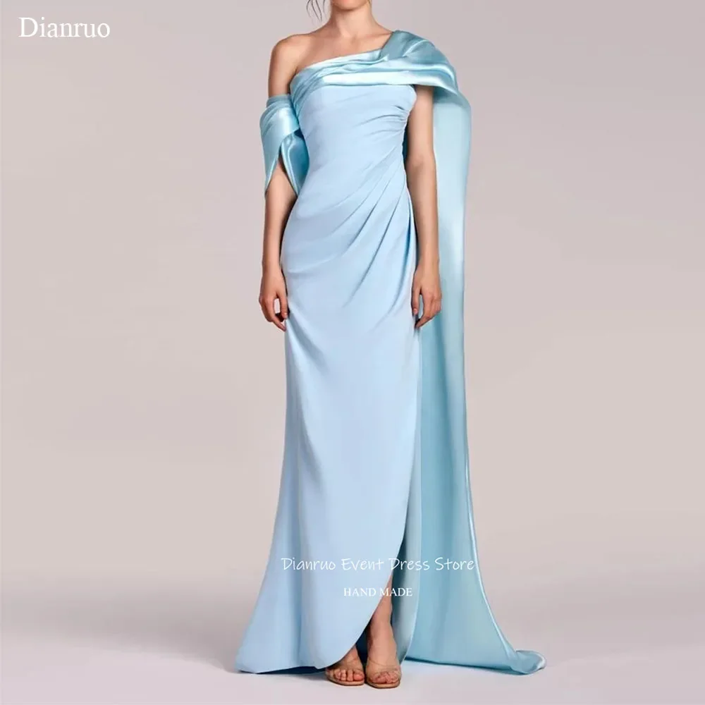 Dianruo Dubai فساتين سهرة بطيات باللون الأزرق الفاتح خط عنق غير متماثل من الساتان فساتين سهرة ماكسي 2025 فساتين حفلات مخصصة