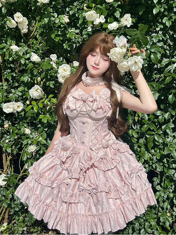 Pink Gothic Style Rose Lolita Dress Trailing Bow Lolita Pettiskirt Dress Daily