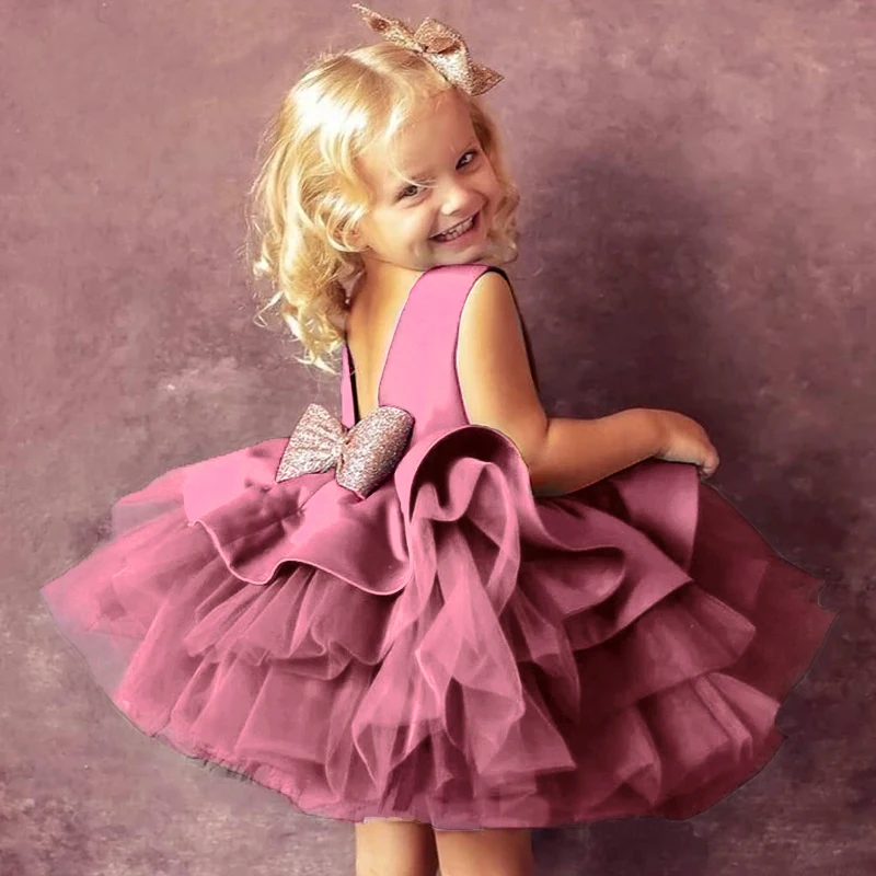 Vestidos vermelhos de Natal para crianças, arco sem costas, roupas de princesa ano novo, festa de aniversário infantil, traje de gala formal, tutu