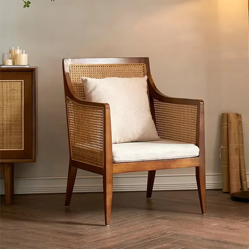 Nordic Solid Wood Lounge Chair with Woven Rattan Armrests Modern Durable Eco Friendly Seating for Living Room Apartment Decor