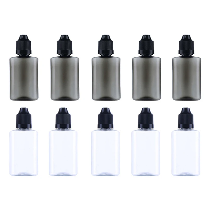 10 Stuks Helder En Zwart Plastic Huisdier Flat 30Ml Druppelaar Lege Fles Oog Vloeibare Olie Tattoo Inkt Vape Container Lange Tip Dop Met Trechter