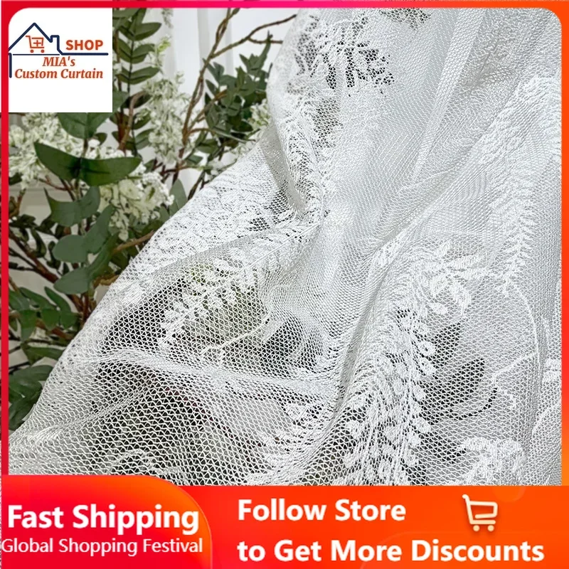 Custom Size American Country Style Lace Trim Window Screen New Spring Silk Warp Knitted Wisteria Flower Fashion Curtain Decor