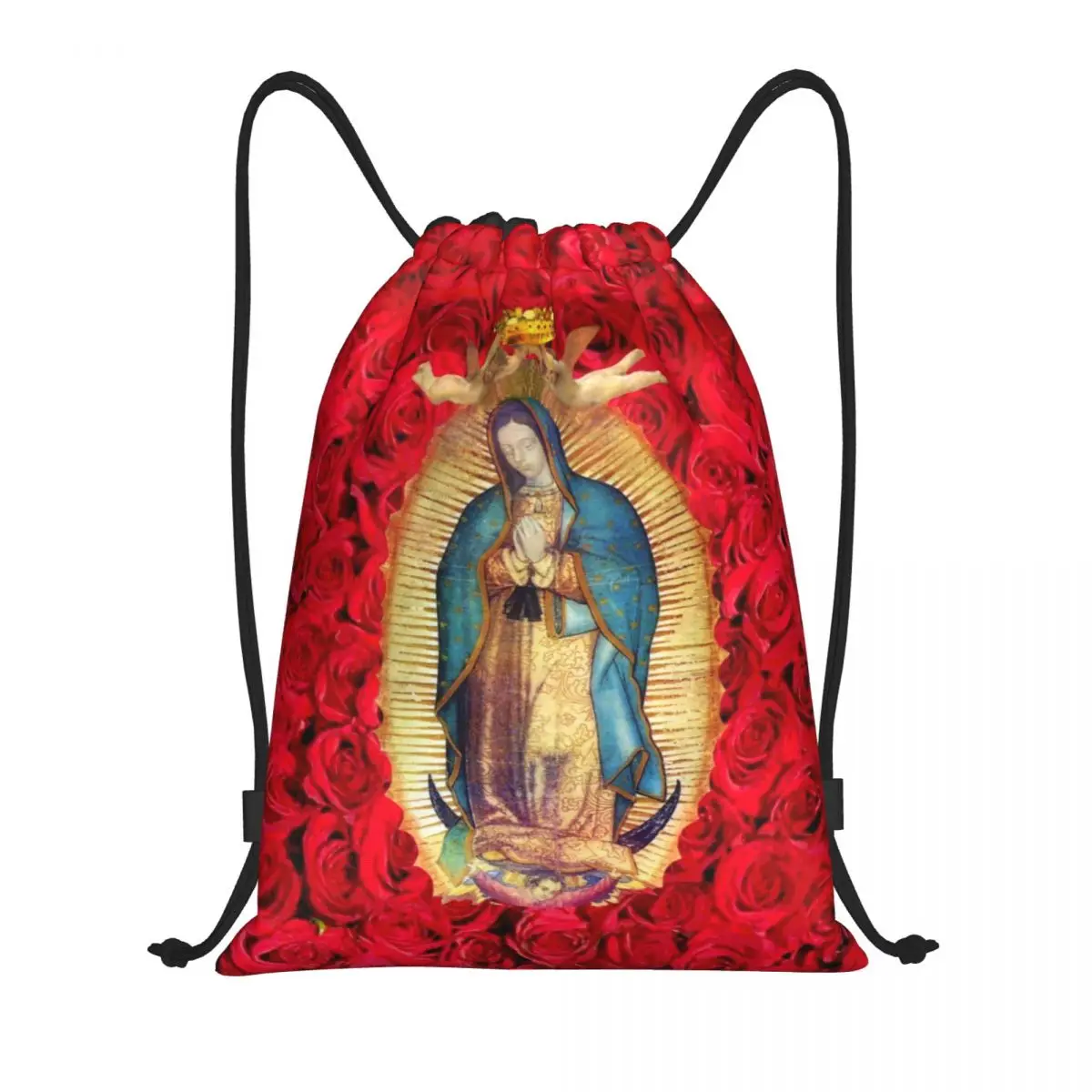 Virgin Mary Drawstring Bolsas com flores para homens e mulheres, portátil Sports Gym Sackpack, Catholic Shopping Storage Backpacks, Guadalupe